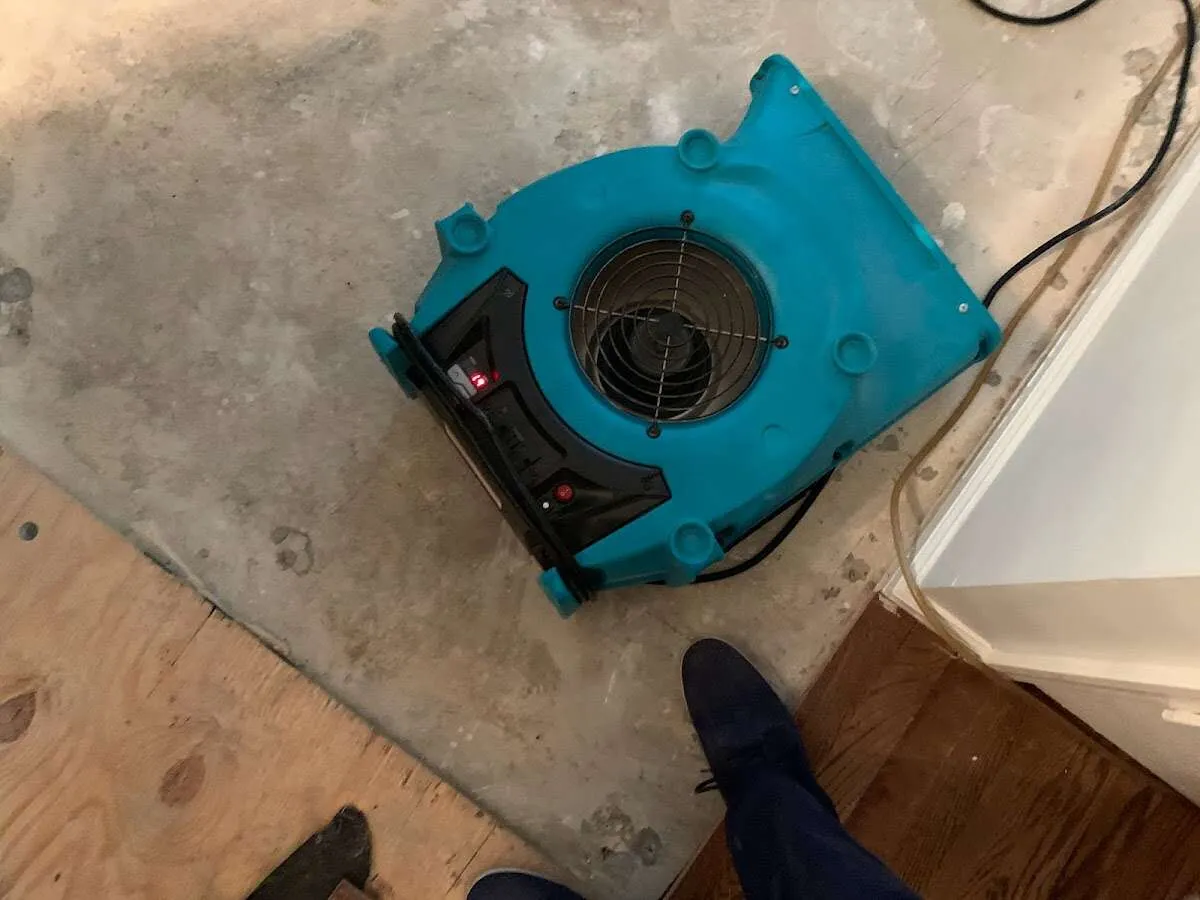Air mover drying subfloor during Leak Detection & Repair in Hurley